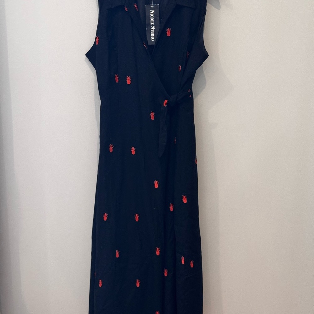 Vtg Nicole Studio Black / Orange linen blend novelty print wrap Sundress 12 new